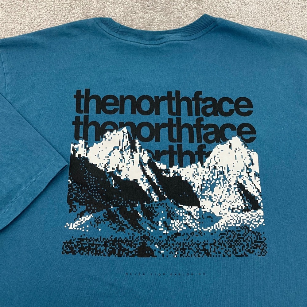 North Face Tee Mens Large Pixel Mountain Graphic Teal Blue 8bit Logo Streetwear
